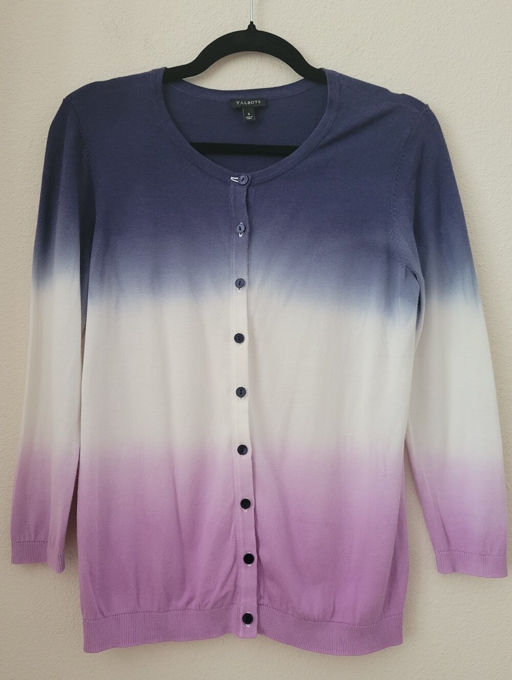 Talbots Ombre Dip-Dye Knit Cardigan Sweater Blue White Purple Size S EUC